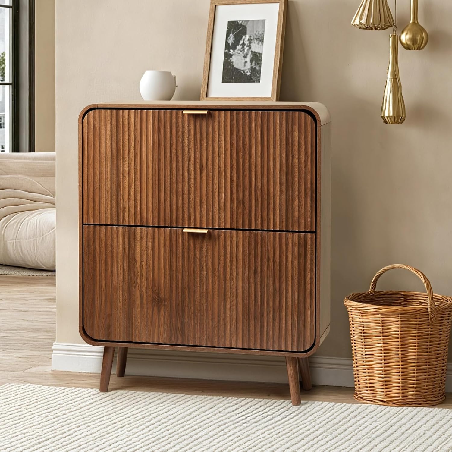Shoe Rack Cabinet Narrow Entryway - Armário de sapatos com design canelado,