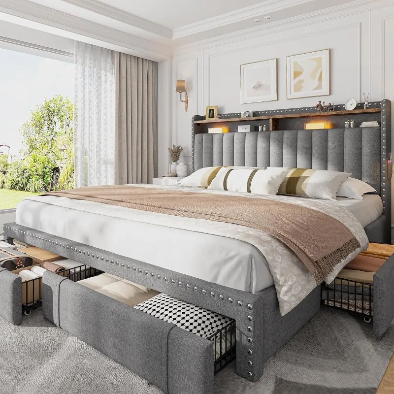 King Size Bed Frame With Storage Drawers - Cama King Size Estofada EnHomee com