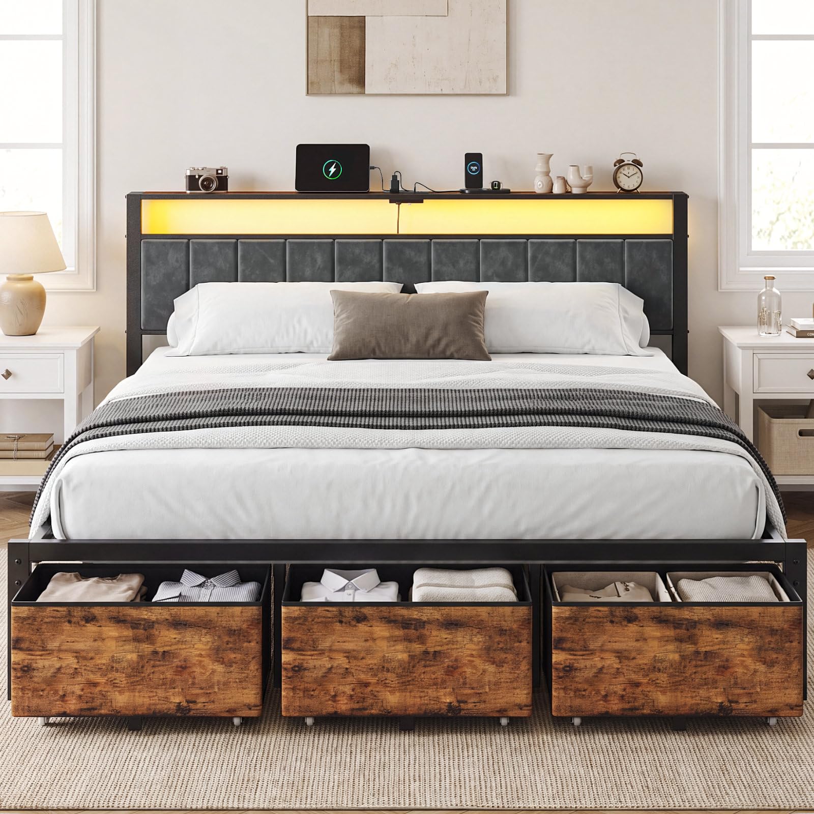 King Size Bed Frame With Storage Drawers - Estrutura de cama tamanho king com
