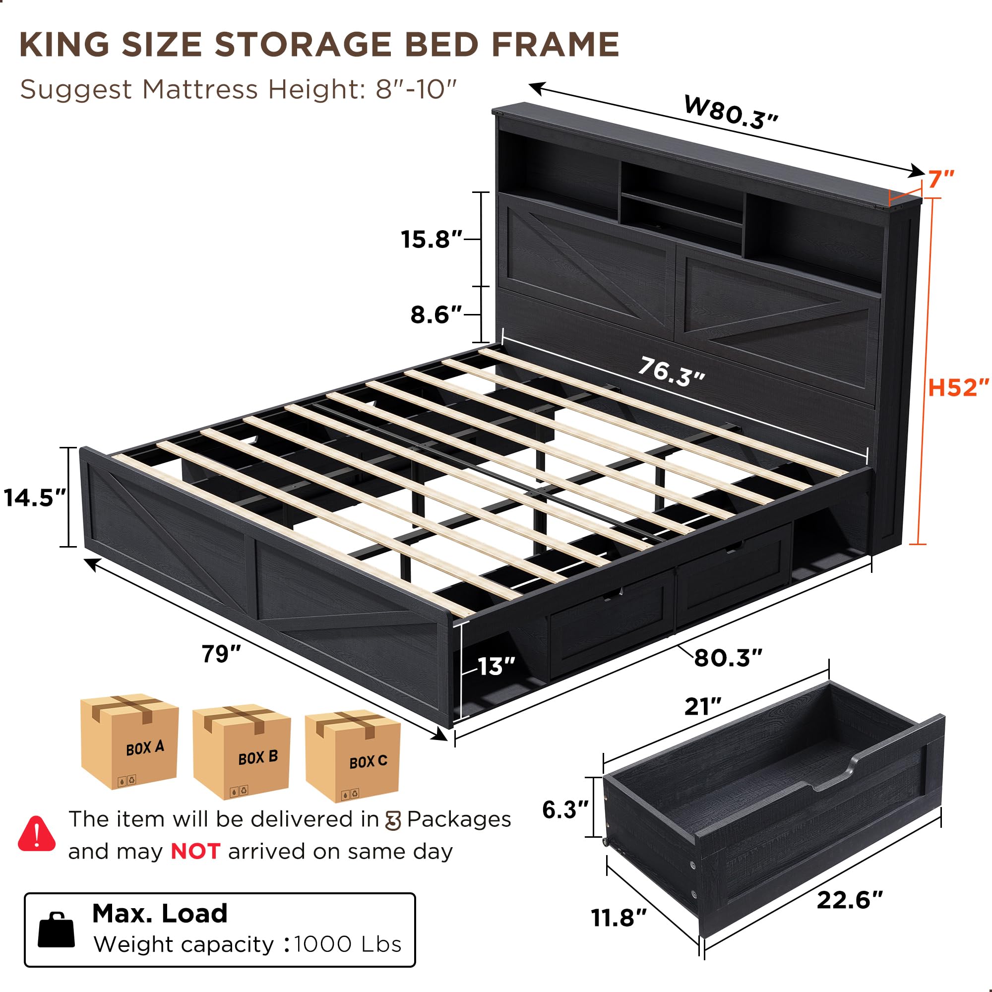 Estrutura de cama estilo rústi - King Size Bed Frame With Storage Drawers avaliação e preço