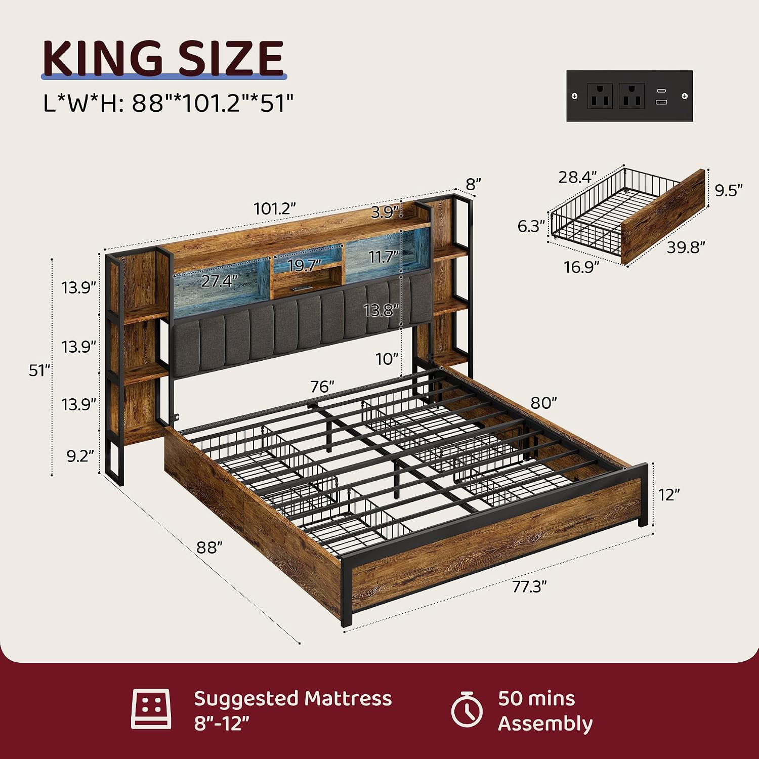 Estrutura de cama tamanho king - King Size Bed Frame With Storage Drawers avaliação e preço