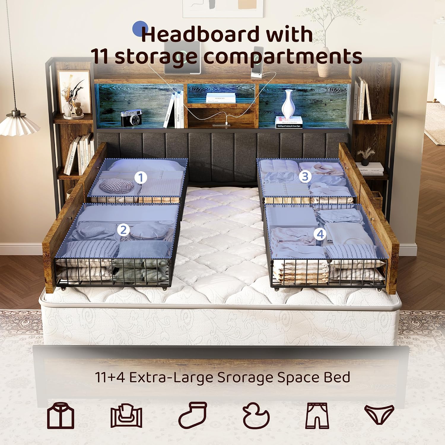 Estrutura de cama tamanho king - King Size Bed Frame With Storage Drawers avaliação e preço